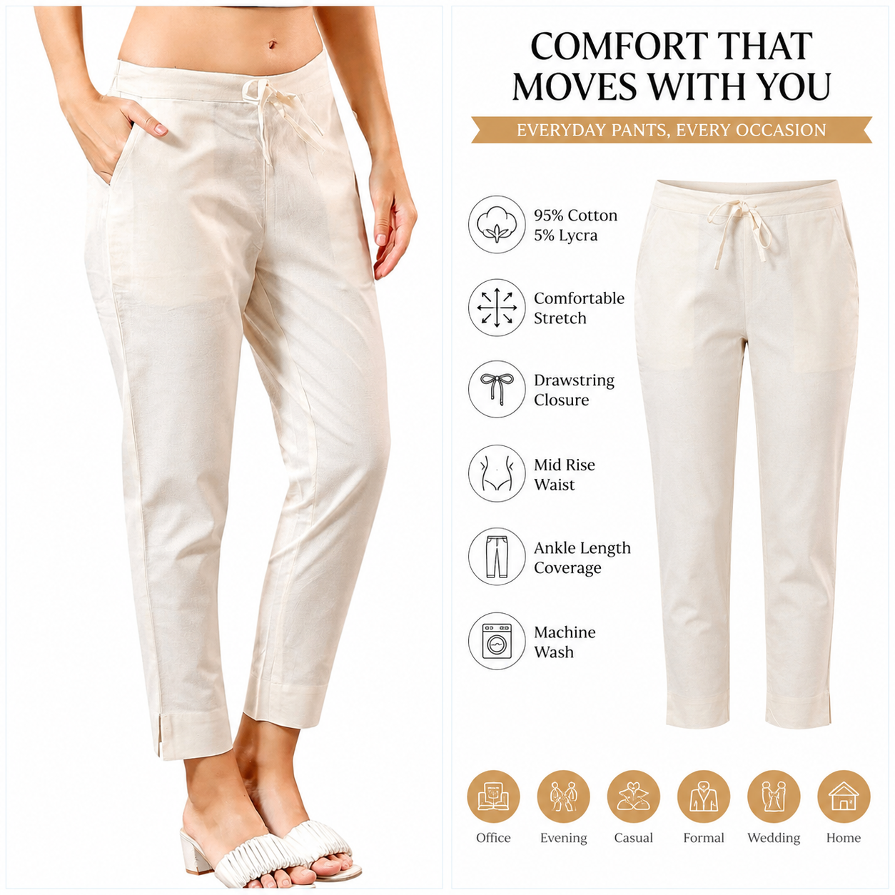 Women’s Cotton Lycra Ankle Length Pants | Mid Rise Regular Fit Stretch Trousers with Drawstring & Pockets