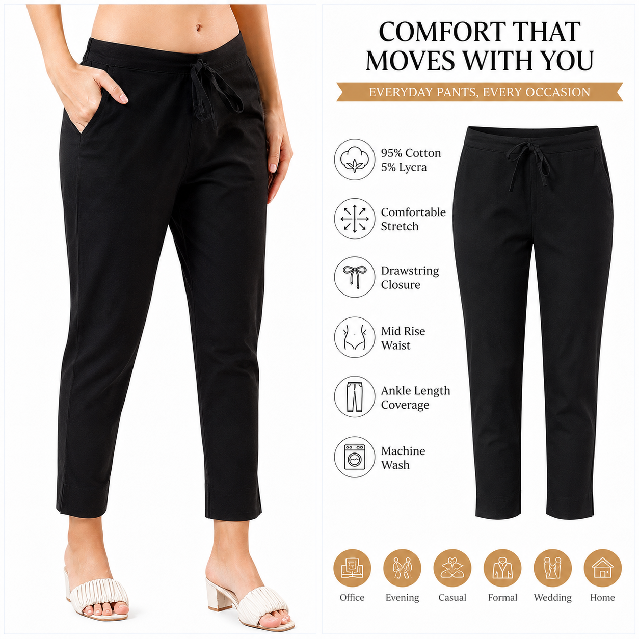 Women’s Cotton Lycra Ankle Length Pants | Mid Rise Regular Fit Stretch Trousers with Drawstring & Pockets