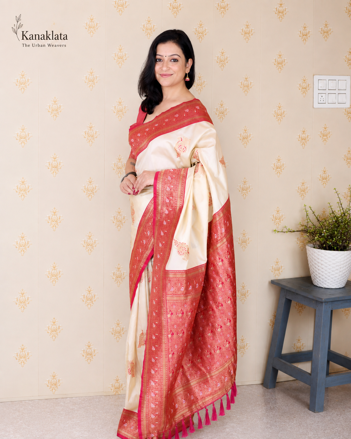 Kanaklata Banarasi Silk Blend Saree with Woven Zari Work, Heavy Pallu & Broad Border | Traditional Indian Saree for Festive & Wedding Wear