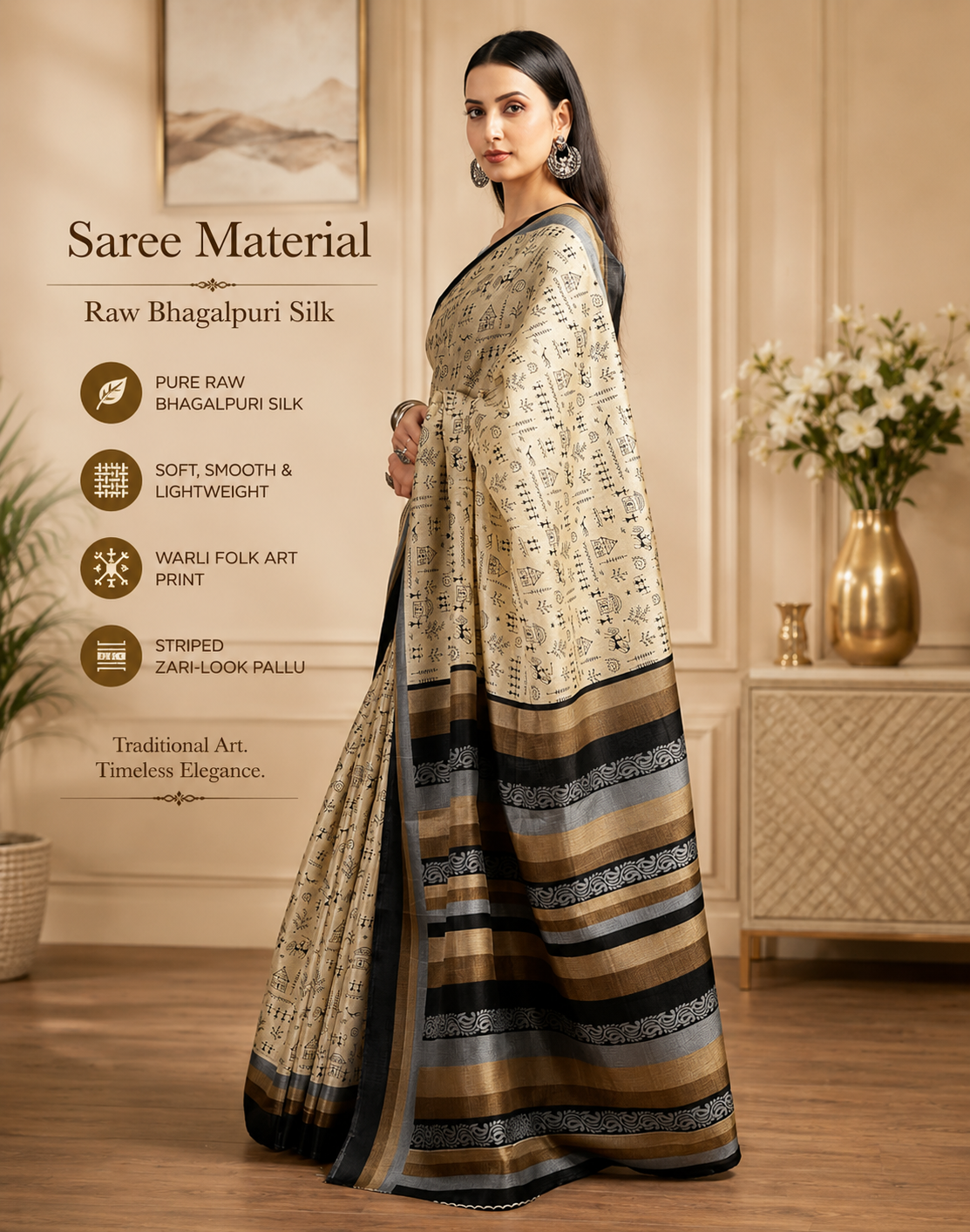 Kanaklata Beige & Black Bhagalpuri Raw Silk Printed Saree with Unstitched Blouse Piece | Folk & Warli Art Motif Saree for Office & Daily Wear