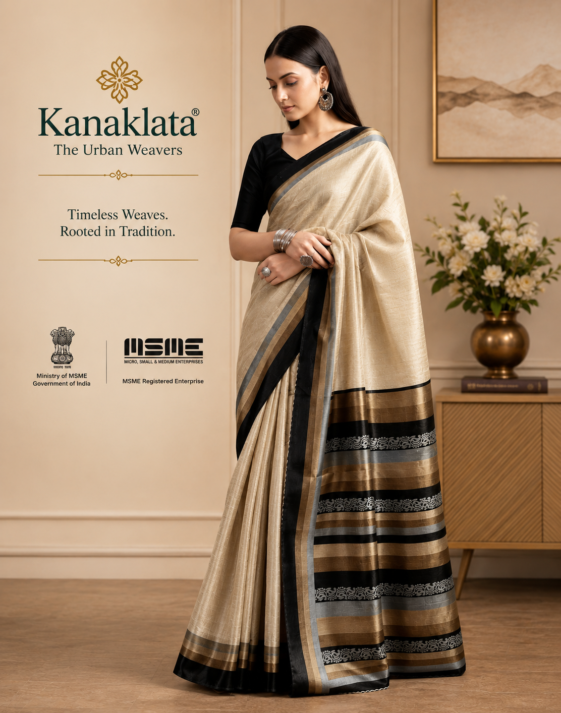 Kanaklata Beige & Black Bhagalpuri Raw Silk Printed Saree with Unstitched Blouse Piece | Folk & Warli Art Motif Saree for Office & Daily Wear