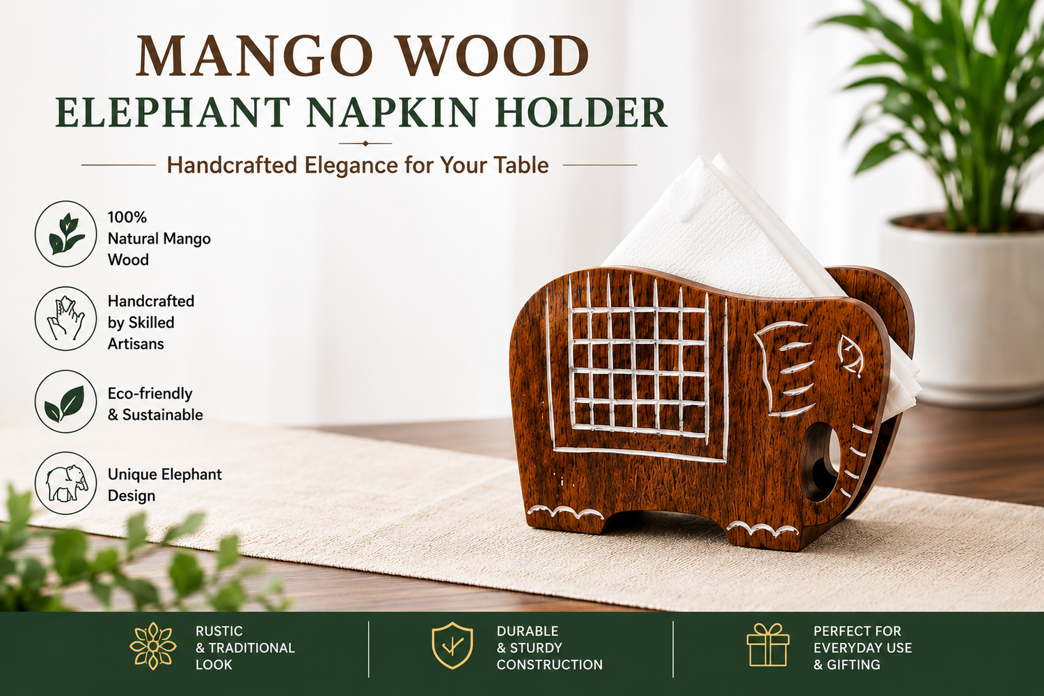 Mango Wood Elephant Napkin Holder | Handcrafted Wooden Tissue Holder for Dining Table, Kitchen & Home Decor