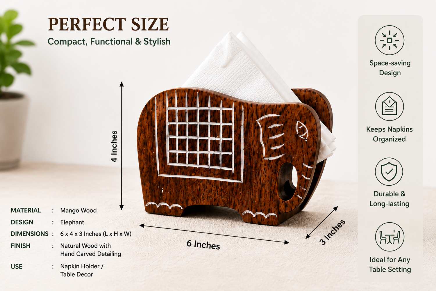 Mango Wood Elephant Napkin Holder | Handcrafted Wooden Tissue Holder for Dining Table, Kitchen & Home Decor