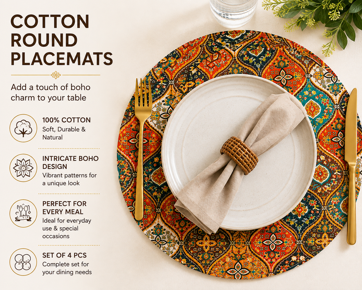 Set of 4 Round Cotton Placemats 14 Inch | Boho Printed Table Mats for Dining Table, Kitchen & Home Decor