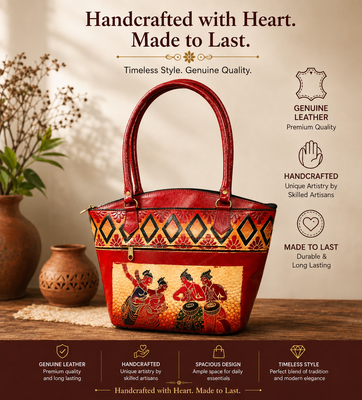 Shantiniketan Genuine Leather Handcrafted Tote Bag for Women | Handmade Artistic Leather Handbag | Office, College & Travel Shoulder Bag