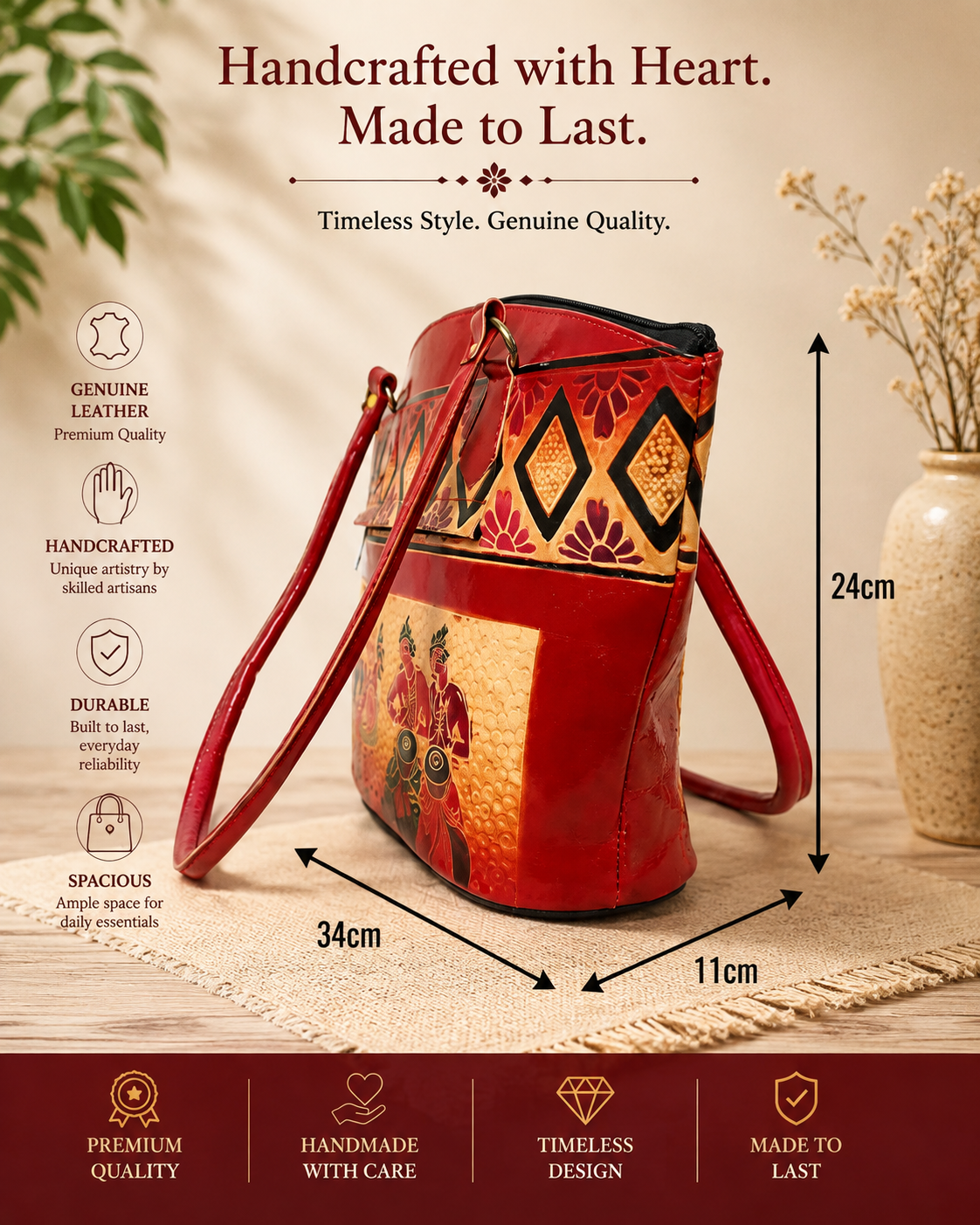 Shantiniketan Genuine Leather Handcrafted Tote Bag for Women | Handmade Artistic Leather Handbag | Office, College & Travel Shoulder Bag