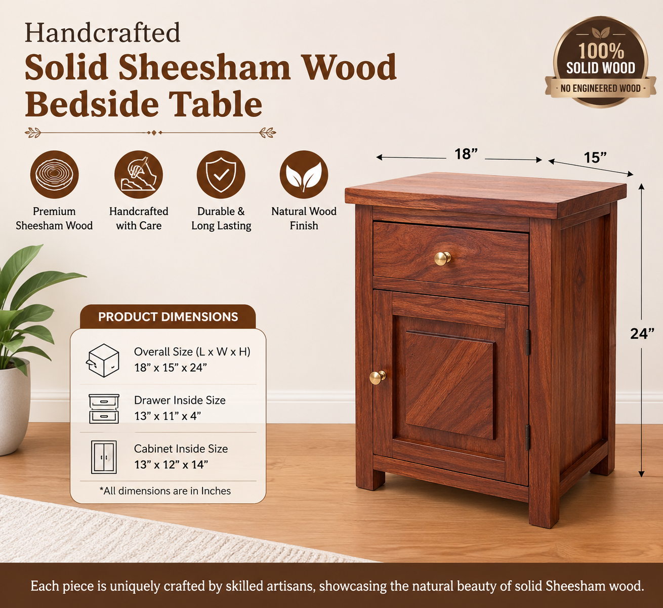 Handcrafted Solid Sheesham Wood Bedside Table