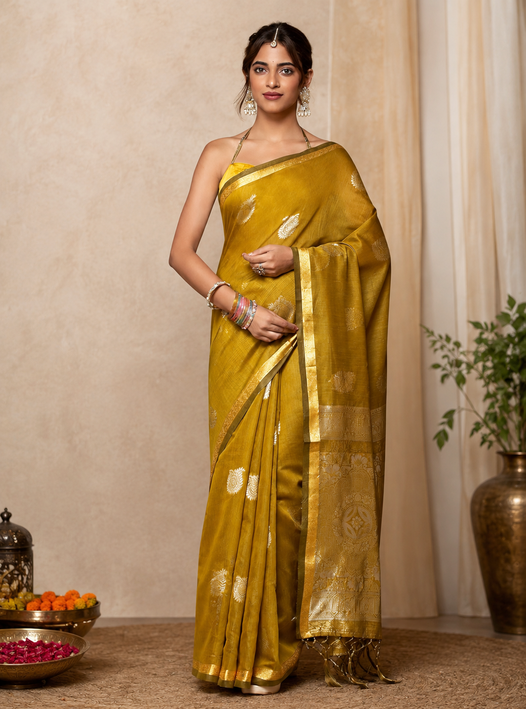 Bengal Handloom Tant Silk Saree with Woven Zari Motifs | Blouse Piece Included