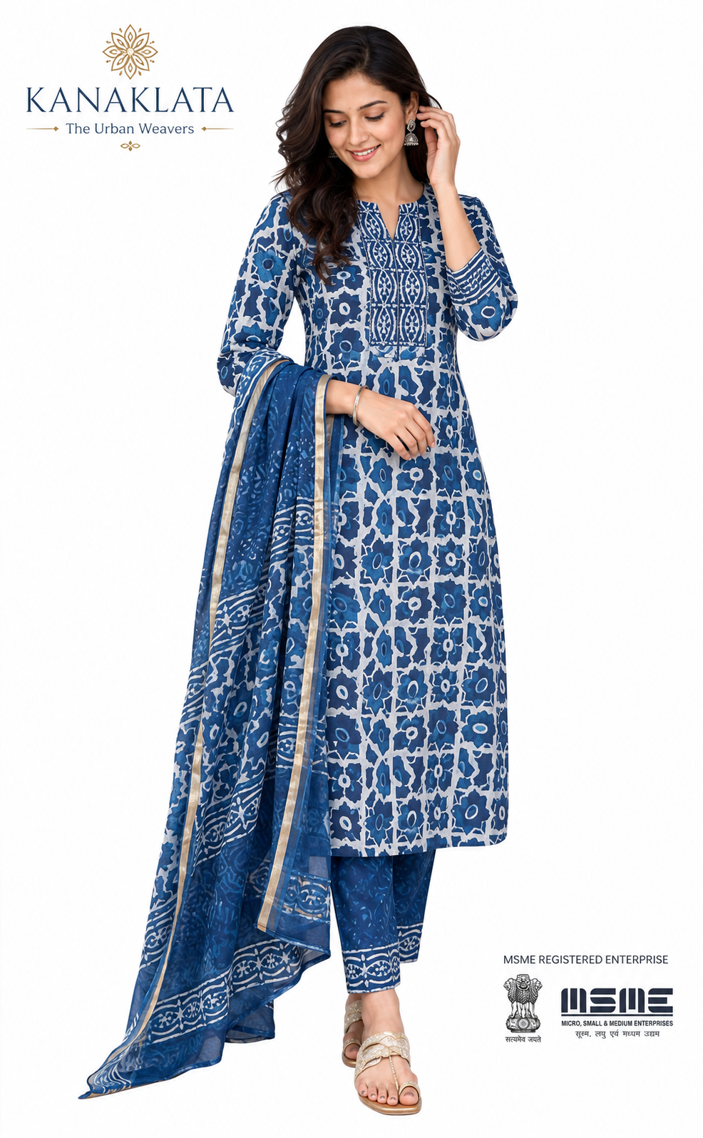 KANAKLATA Women’s Pure Cotton Jaipuri Hand Block Printed Straight Kurta Pant Set with Zari Border Dupatta | Comfortable Ethnic Wear