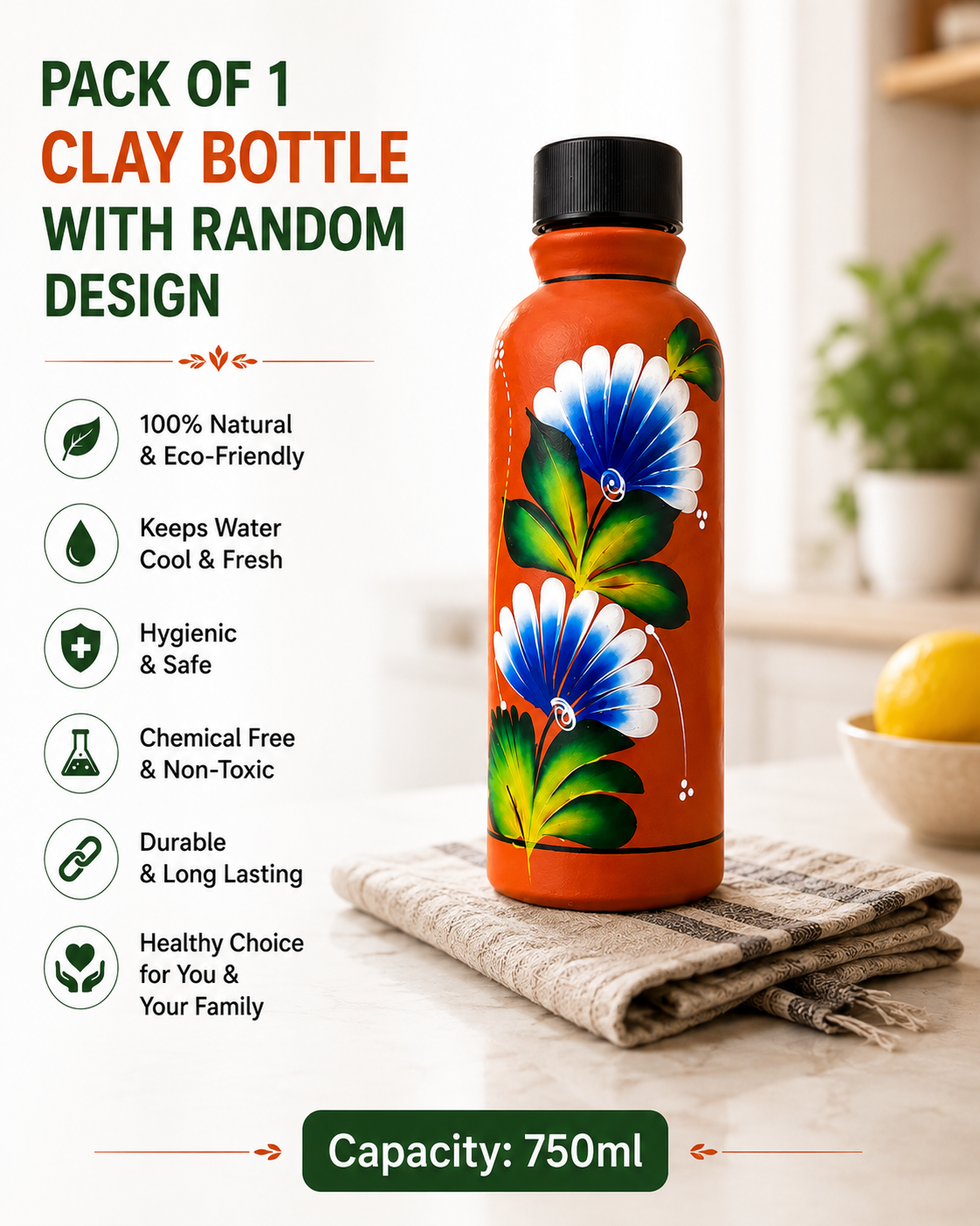 Clay Water Bottle 750ml | Hand Painted Terracotta Bottle with Floral Design | Reusable Natural Earthen Bottle for Home, Office & Travel | Pack of 1