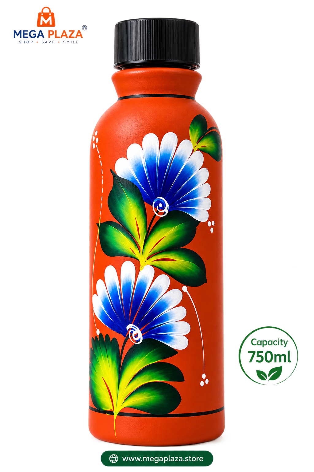 Clay Water Bottle 750ml | Hand Painted Terracotta Bottle with Floral Design | Reusable Natural Earthen Bottle for Home, Office & Travel | Pack of 1