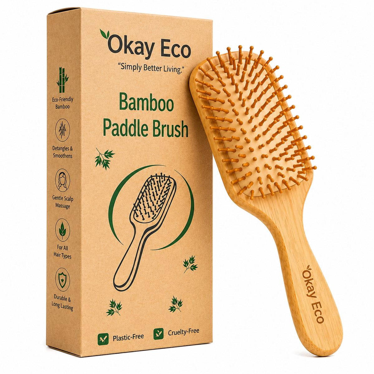 Okay Eco Bamboo Paddle Hair Brush for Women & Men | 100% Natural Bamboo Hair Brush with Rounded Bristles | Scalp Massage, Detangling & Smoothing Brush | Suitable for All Hair Types | 25 × 8.5 cm