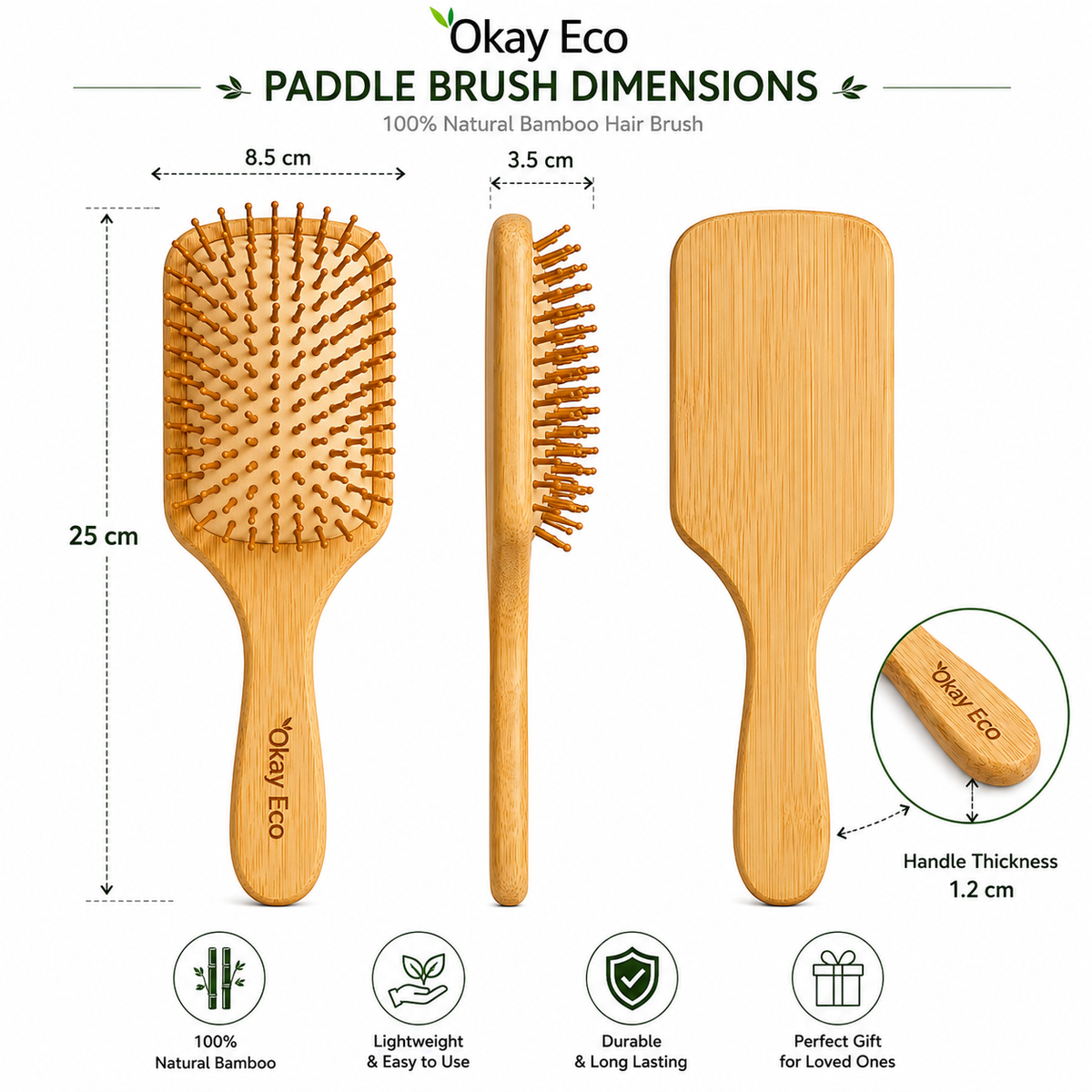 Okay Eco Bamboo Paddle Hair Brush for Women & Men | 100% Natural Bamboo Hair Brush with Rounded Bristles | Scalp Massage, Detangling & Smoothing Brush | Suitable for All Hair Types | 25 × 8.5 cm