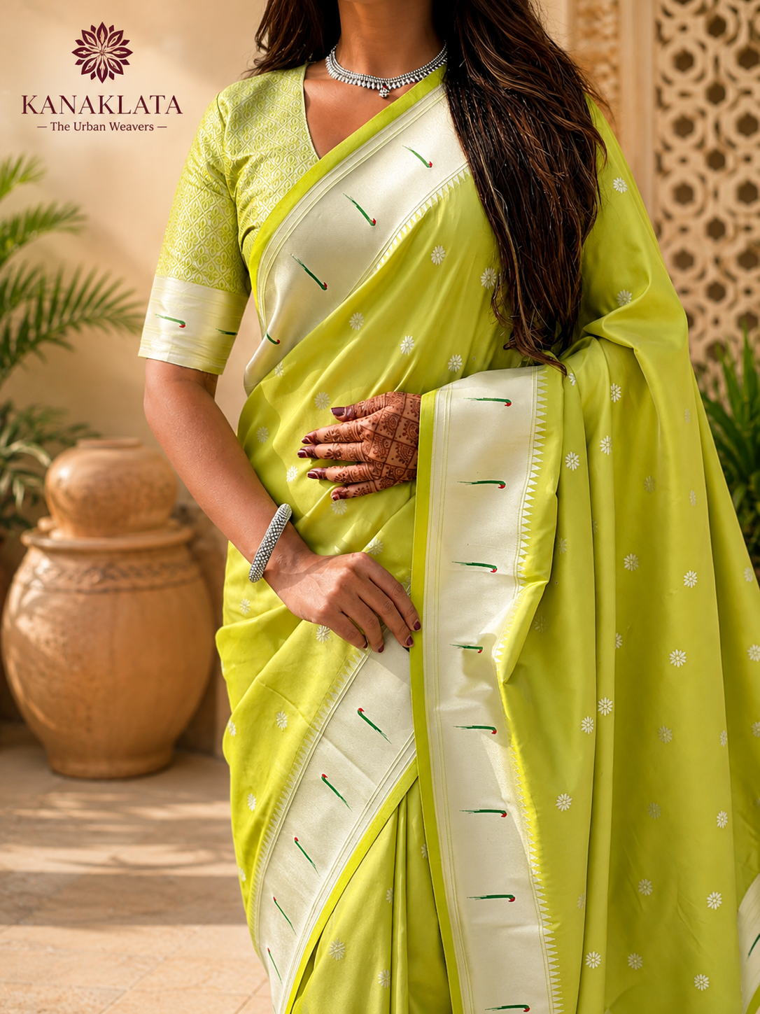 Kanaklata Kanjivaram Silk Saree with Paithani-Style Lotus & Peacock Pallu | Unstitched Blouse Piece (80 cm)