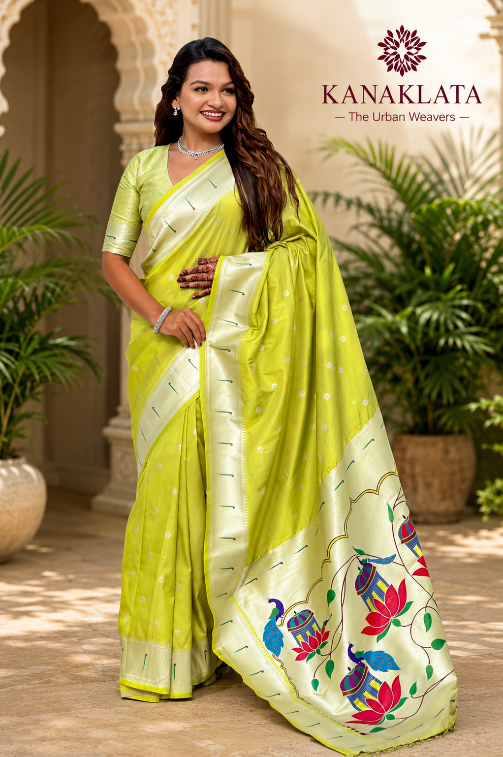 Kanaklata Kanjivaram Silk Saree with Paithani-Style Lotus & Peacock Pallu | Unstitched Blouse Piece (80 cm)