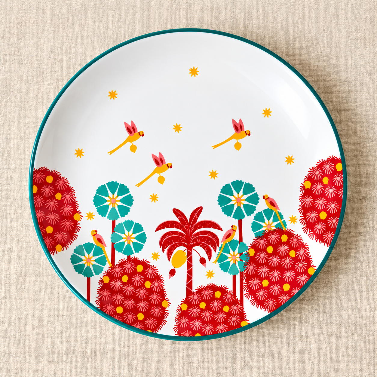 Ceramic Dinner Plates Set of 4, 8 Inch Round Printed Plates, Floral Design Tableware, Dishwasher Safe, Cream & Red