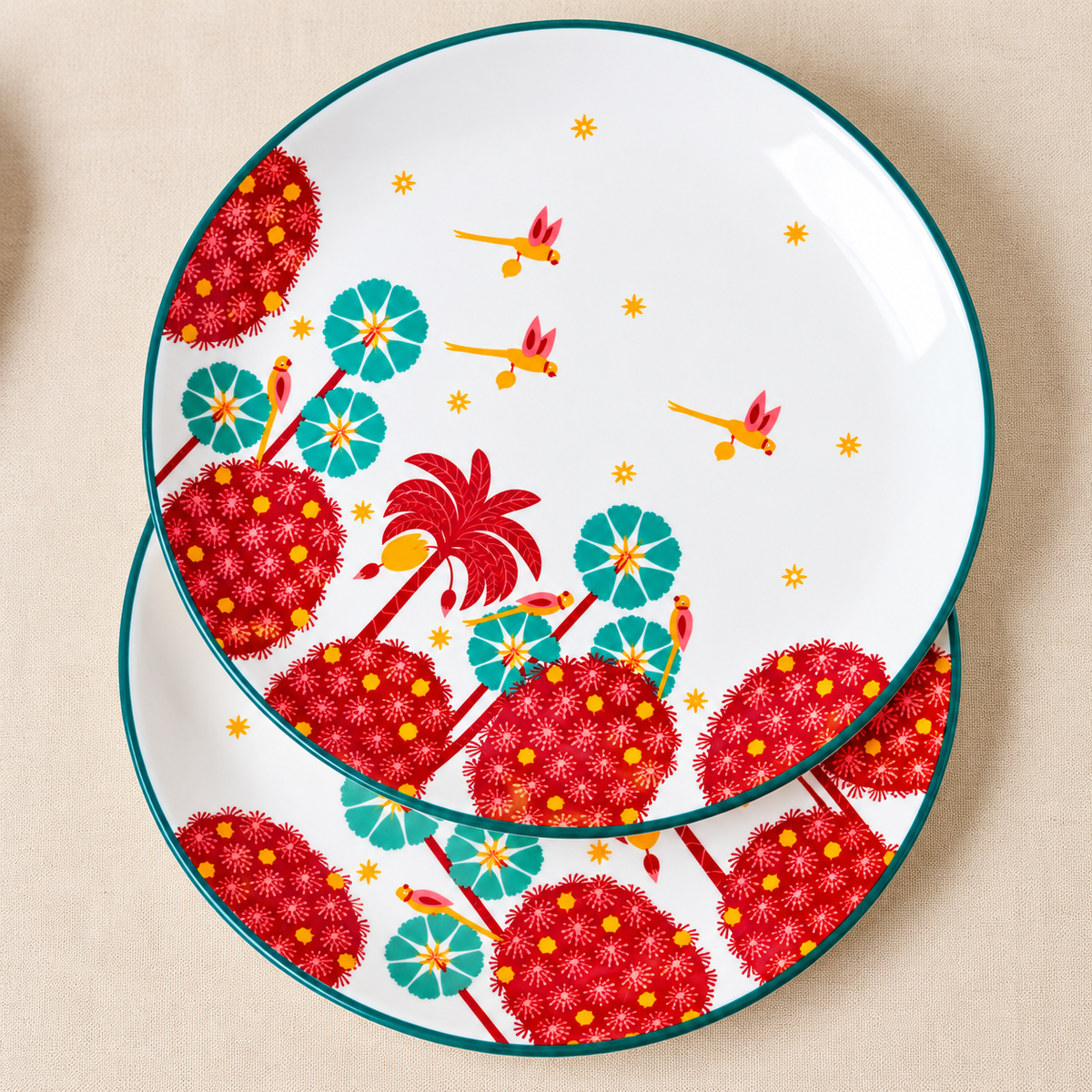 Ceramic Dinner Plates Set of 4, 8 Inch Round Printed Plates, Floral Design Tableware, Dishwasher Safe, Cream & Red