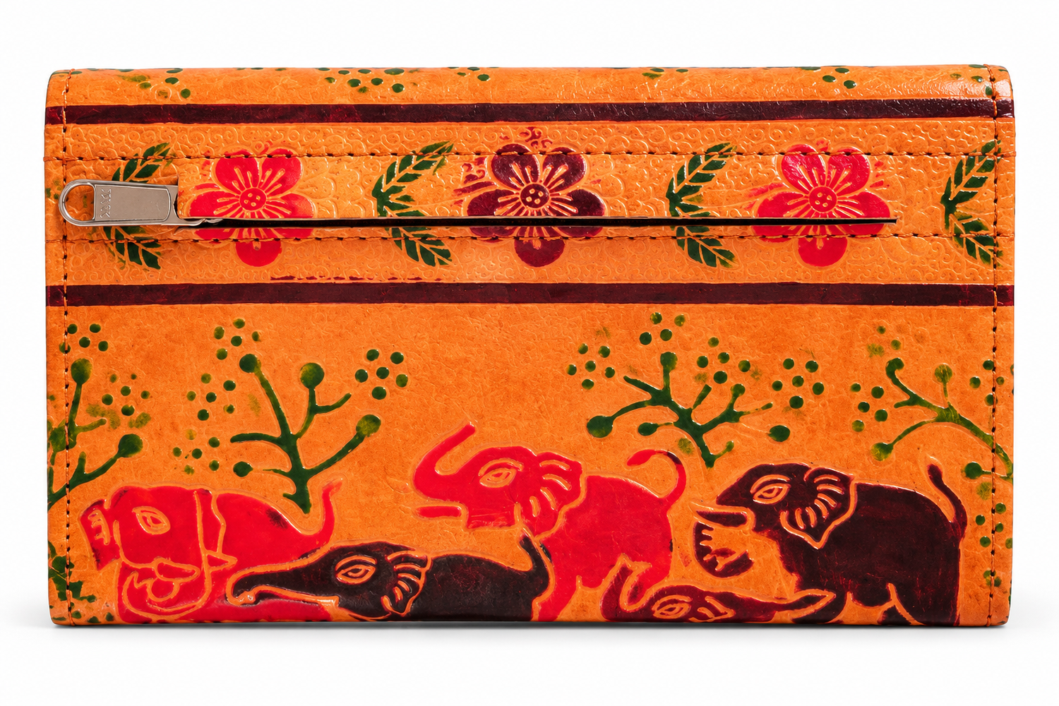 Genuine Leather Purse for Women from Shantiniketan, West Bengal | Handcrafted Traditional Indian Art Design | 3 Compartments with Zipper Pocket | Compact Clutch Wallet | 17.5 × 11 × 2.5 cm