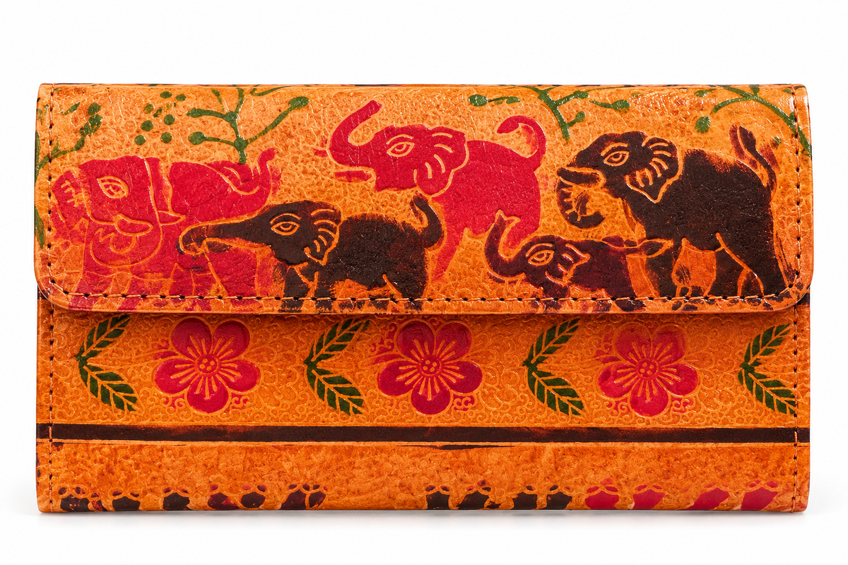 Genuine Leather Purse for Women from Shantiniketan, West Bengal | Handcrafted Traditional Indian Art Design | 3 Compartments with Zipper Pocket | Compact Clutch Wallet | 17.5 × 11 × 2.5 cm