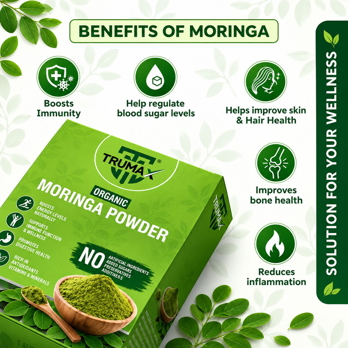 TRUMAX Organic Moringa Leaf Powder 200g | Pure Natural Moringa Powder | Rich in Antioxidants, Vitamins & Minerals | Daily Wellness Supplement