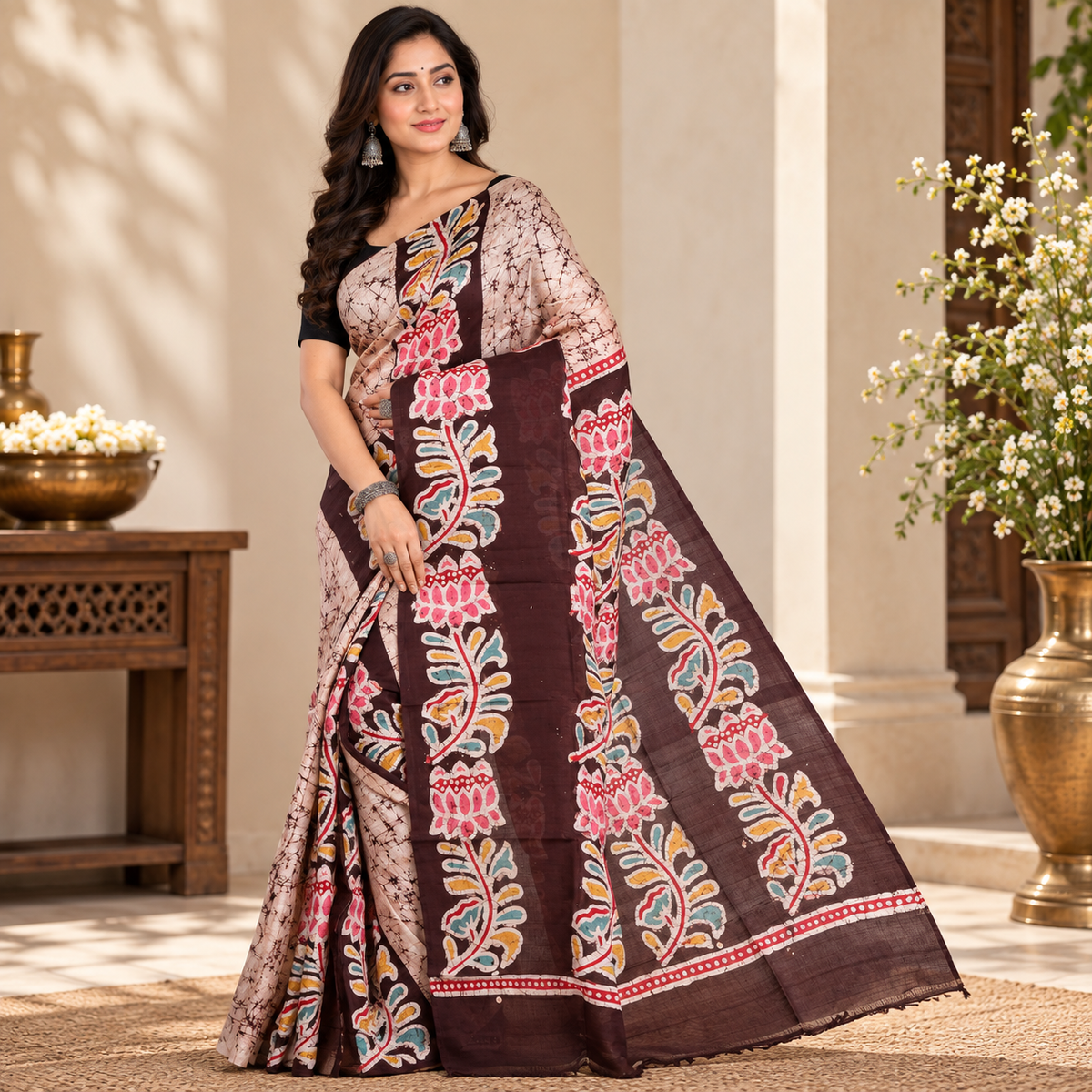 Kanaklata Pure Mulberry Silk Murshidabad Silk Saree with Blouse | Hand Batik Painted Silk Saree | Traditional Bengali Handcrafted Saree