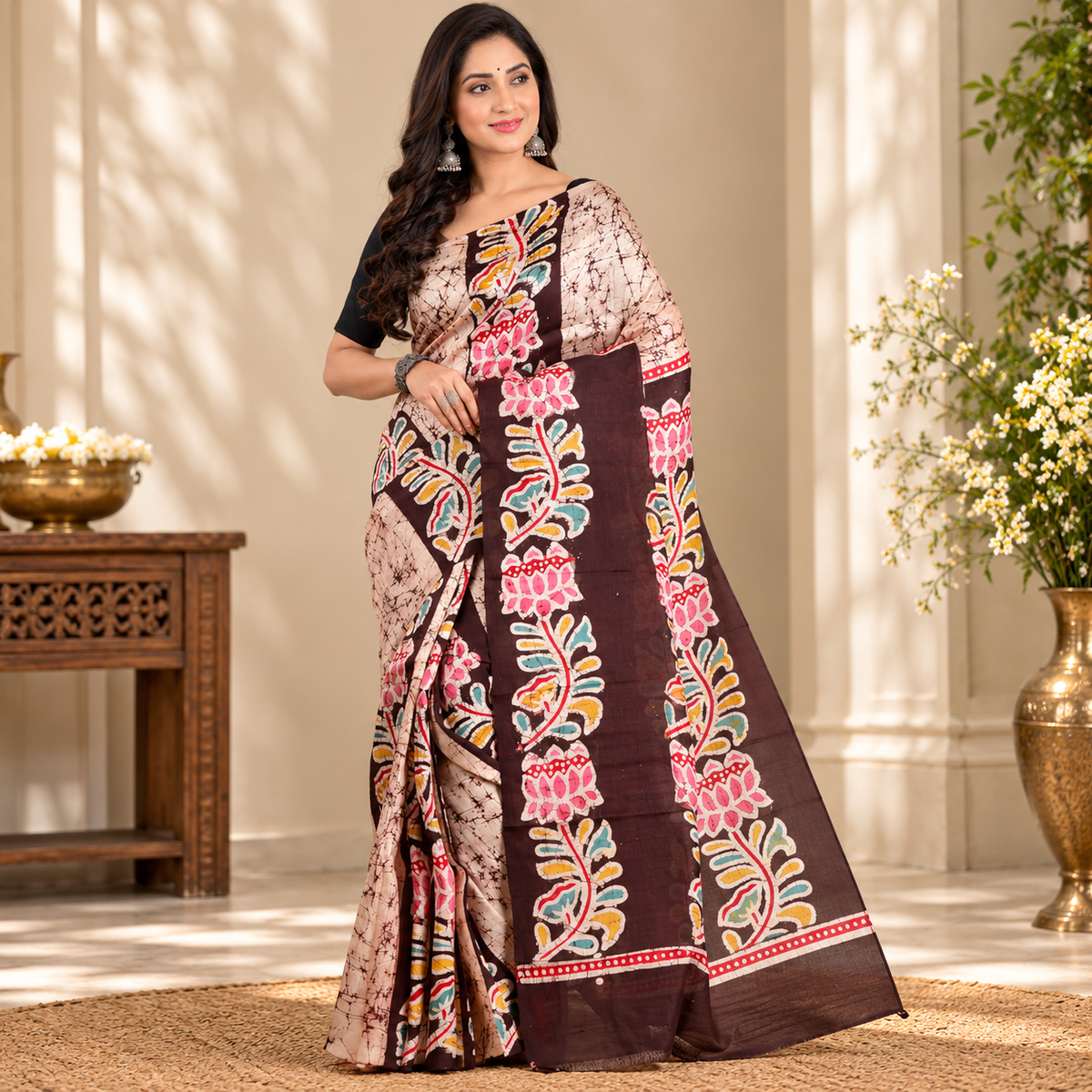 Kanaklata Pure Mulberry Silk Murshidabad Silk Saree with Blouse | Hand Batik Painted Silk Saree | Traditional Bengali Handcrafted Saree