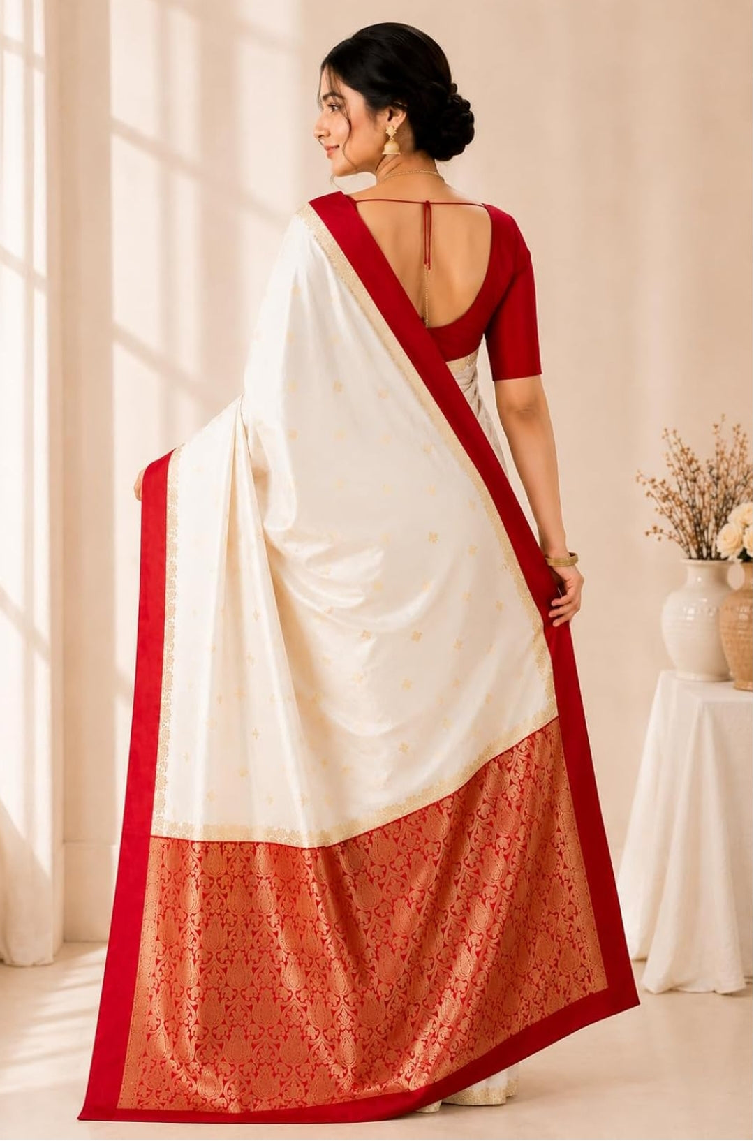 Kanaklata Traditional Bengali Gorod Silk Saree in Off-White & Red with Zari Weave Pallu & Unstitched Blouse Piece