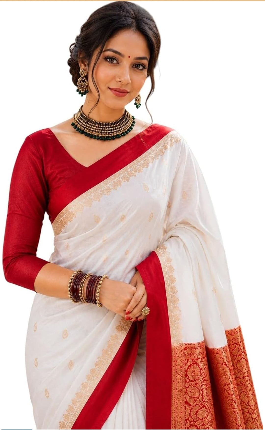 Kanaklata Traditional Bengali Gorod Silk Saree in Off-White & Red with Zari Weave Pallu & Unstitched Blouse Piece