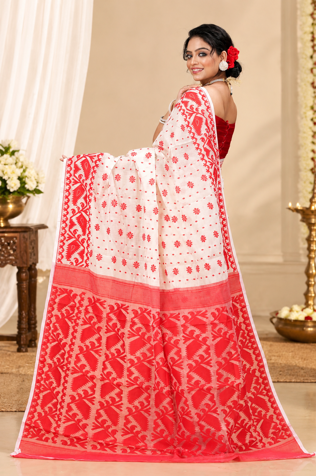 Kanaklata Jamdani Saree for Women | Traditional Bengali Handcrafted Cotton/Silk Saree with Floral & Geometric Motifs | 5.5 Metres | Saree Only, No Blouse Piece