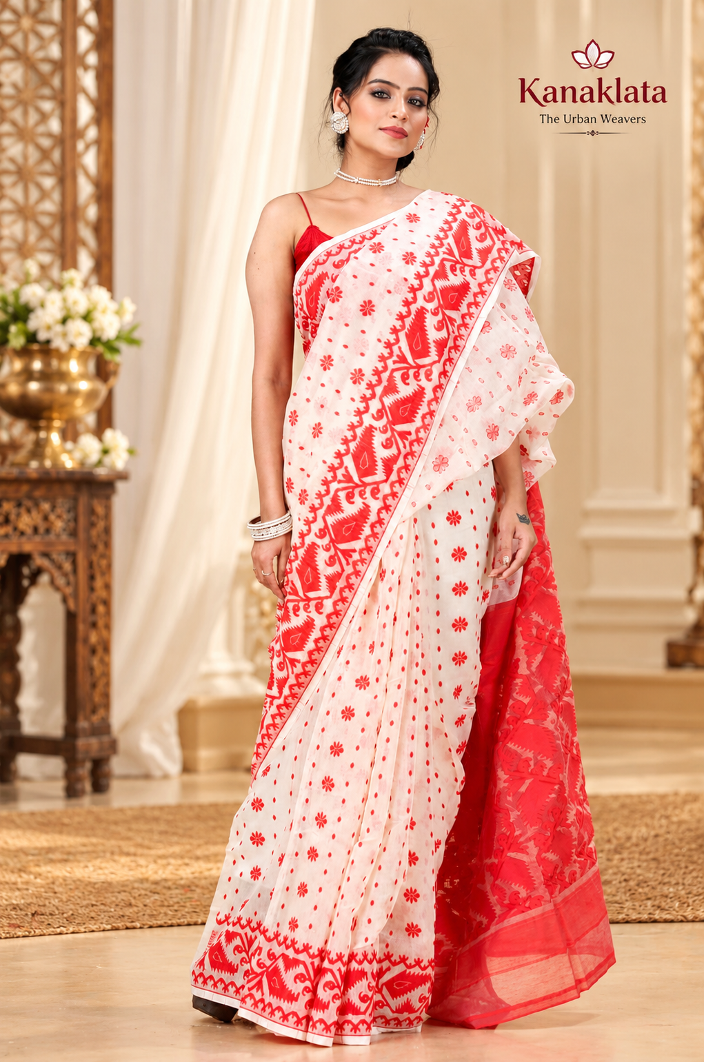 Kanaklata Jamdani Saree for Women | Traditional Bengali Handcrafted Cotton/Silk Saree with Floral & Geometric Motifs | 5.5 Metres | Saree Only, No Blouse Piece