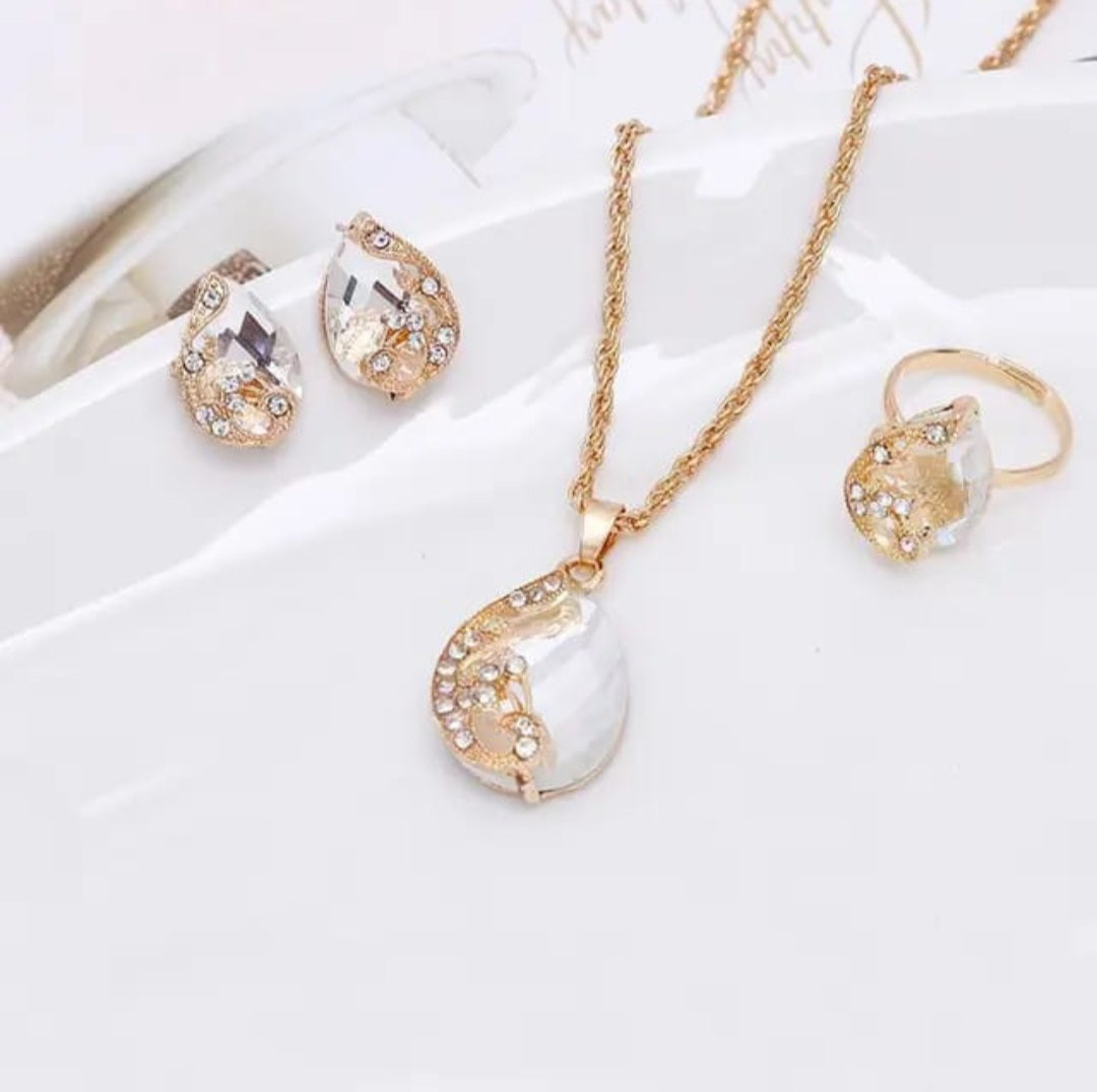 Korean Crystal stone chain-pendant, earrings and ring