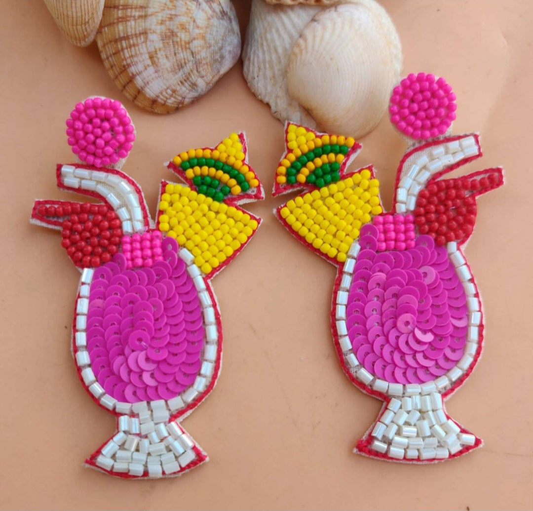 Handmade bright pink beaded earrings