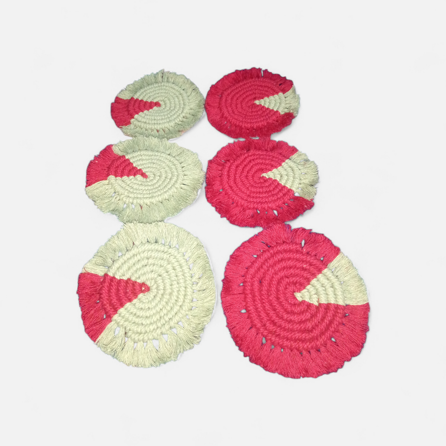 Handmade Cotton Cord Coasters Set (Red & Green ) | Boho Macrame Round Tea Coasters | Eco-Friendly Fringe Table Decor (Set of 2)