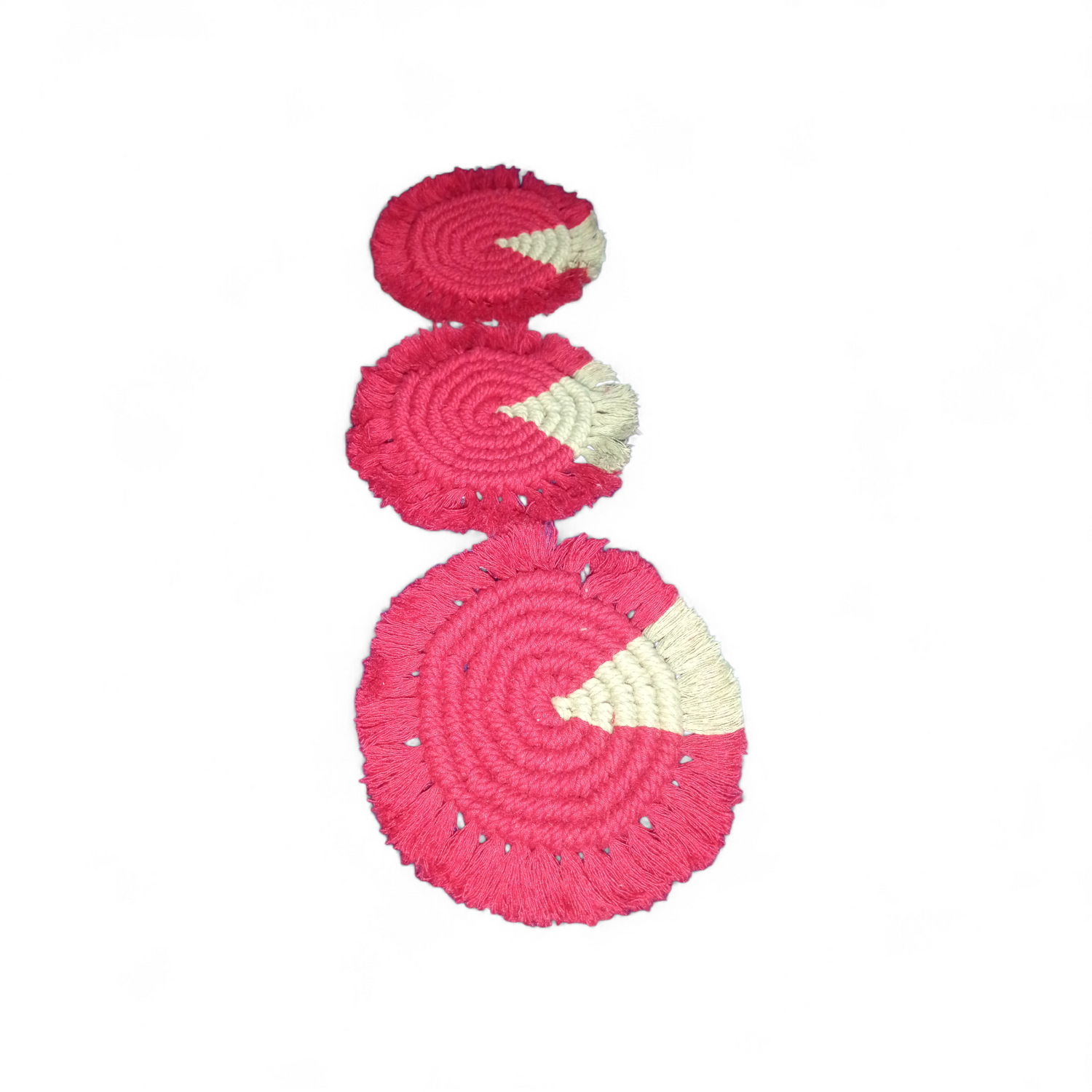 Handmade Cotton Cord Coasters Set (Red & Green ) | Boho Macrame Round Tea Coasters | Eco-Friendly Fringe Table Decor (Set of 2)