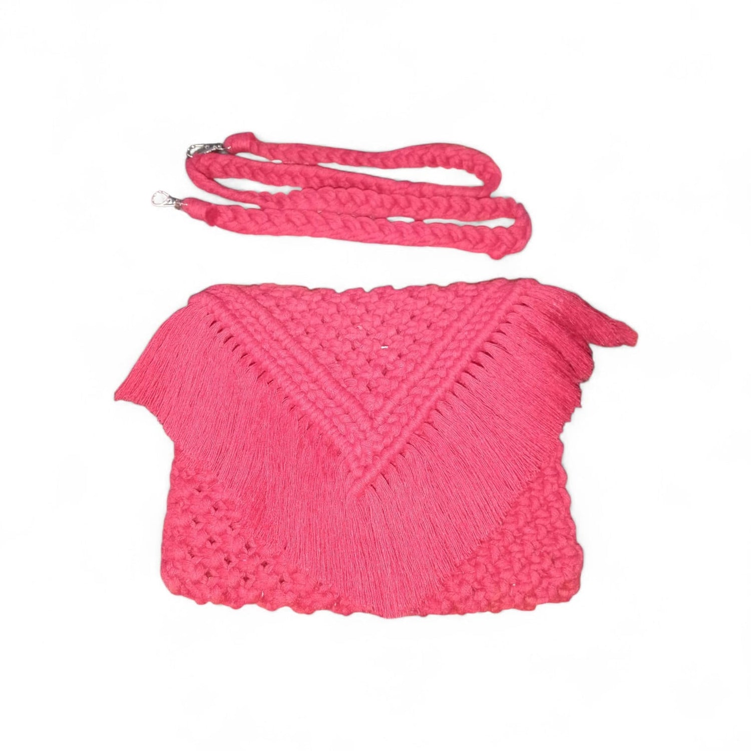 Handmade RED Macramé Crossbody Bag with Braided Strap & Tassel Fringe | Boho Sling Bag