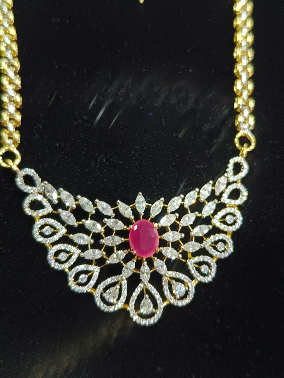 Pink American diamond Chain pendant with earrings Screw back