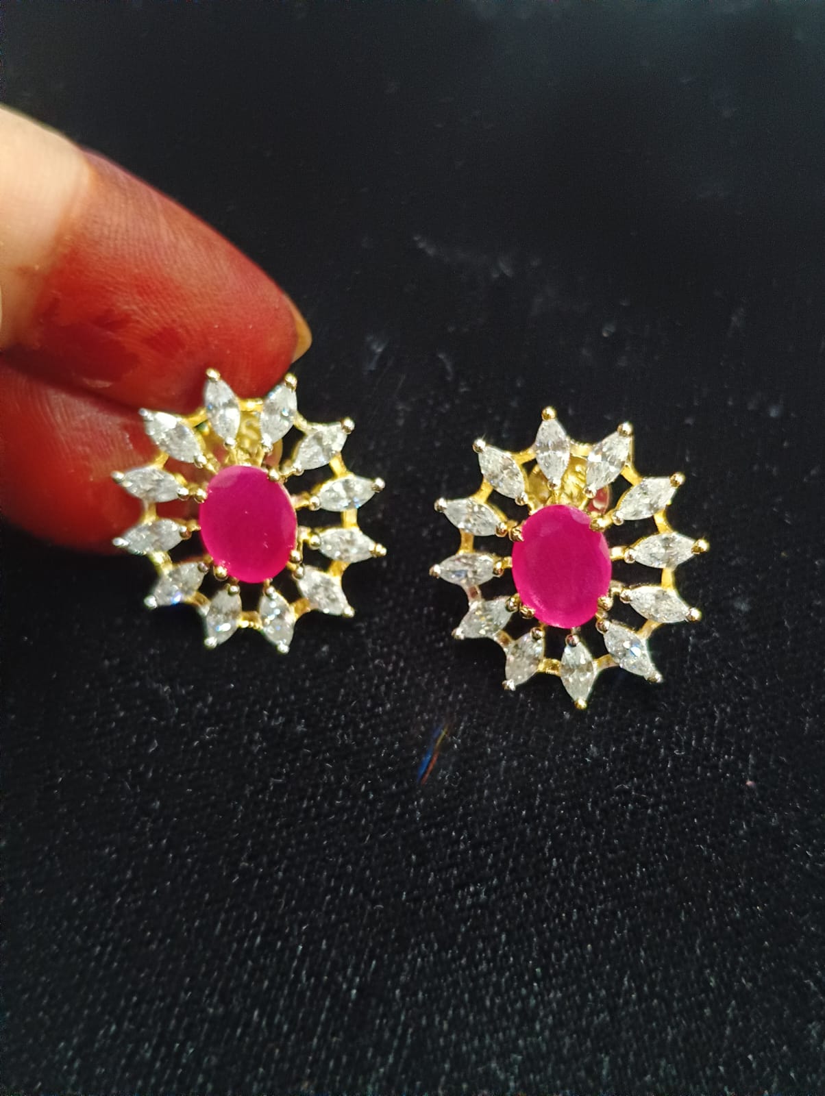 Pink American diamond Chain pendant with earrings Screw back