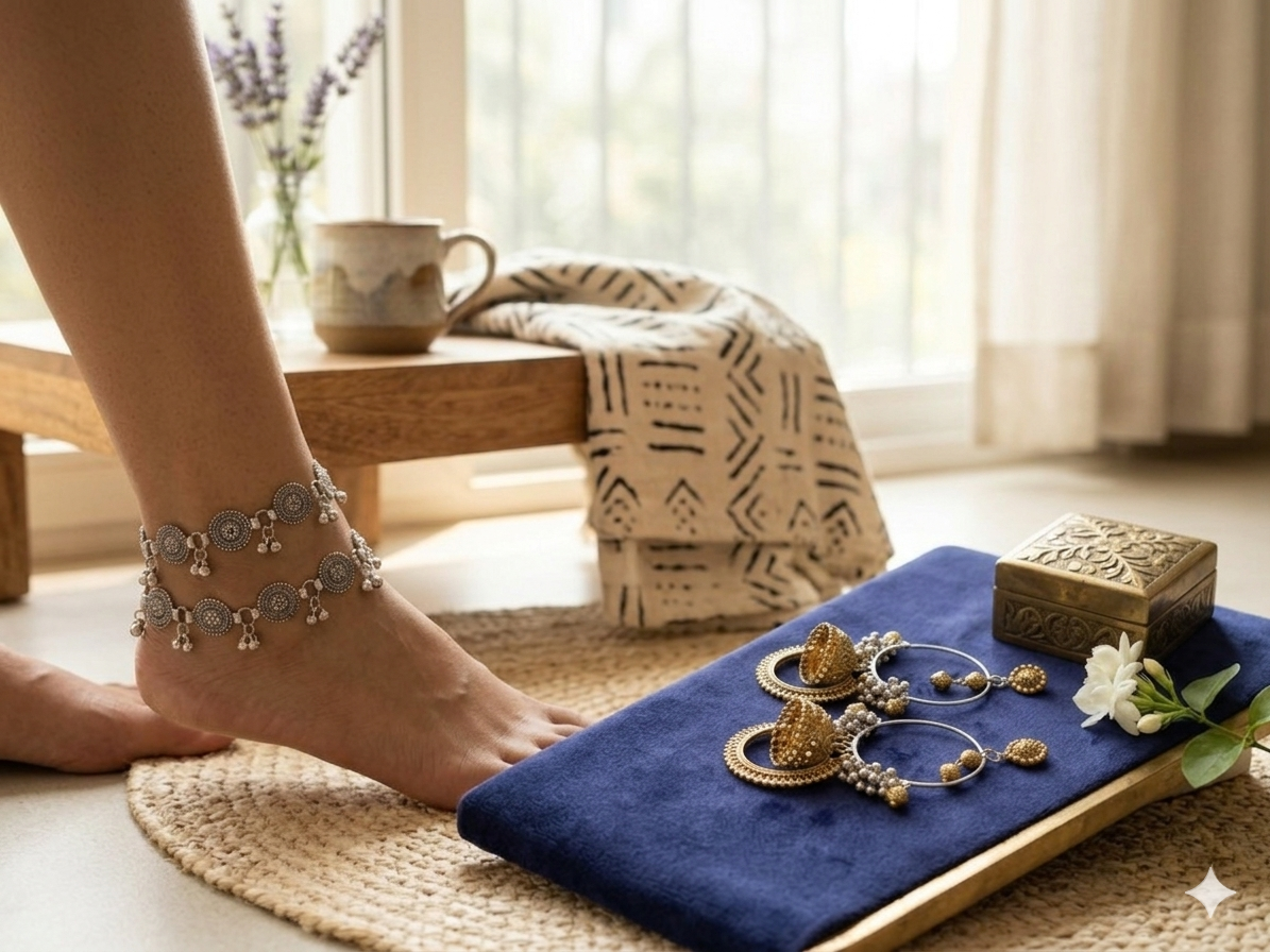 Oxidised anklet with earrings combo