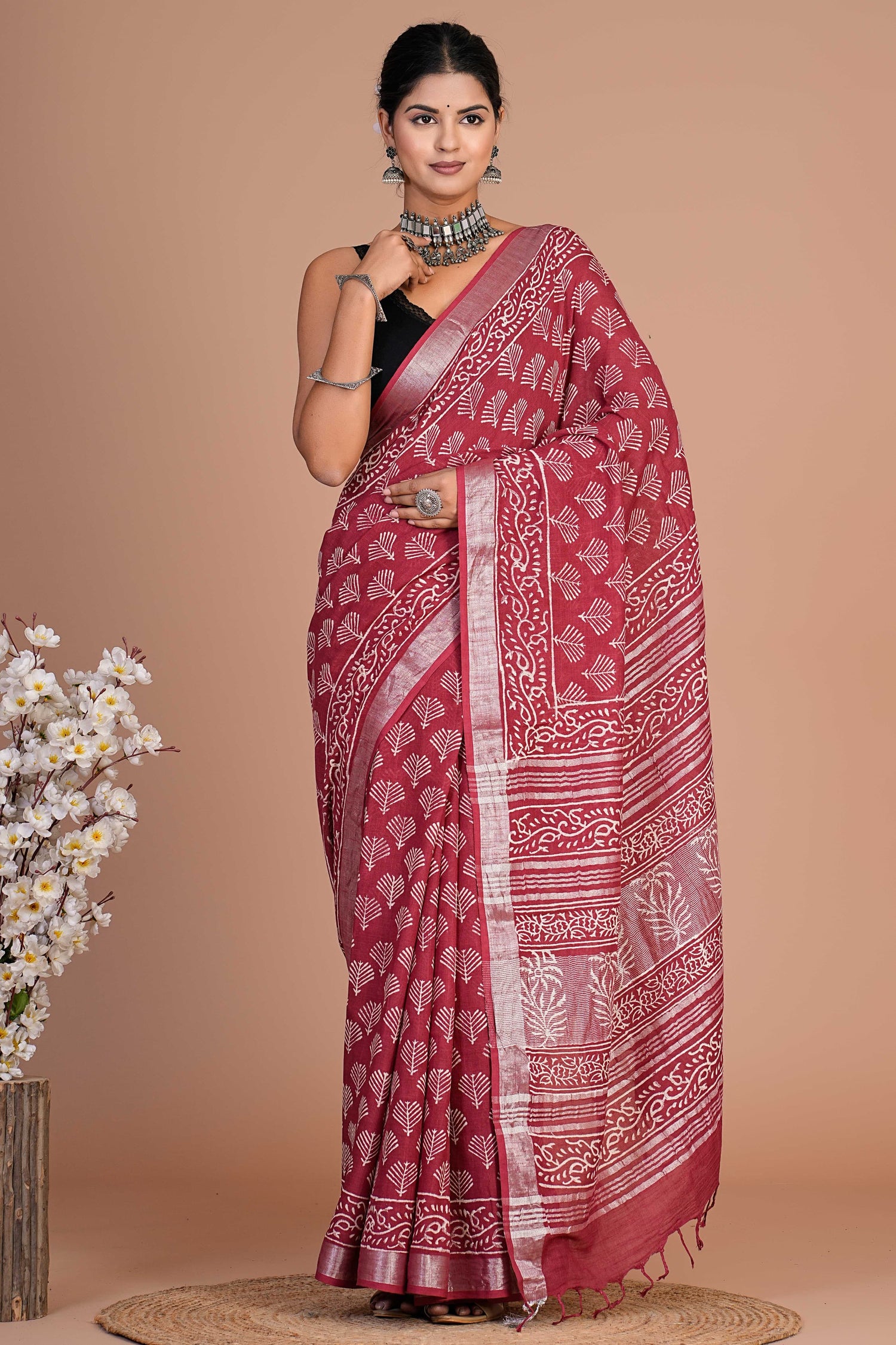 Hand Block printed  linen cotton sarees with blouse piece8