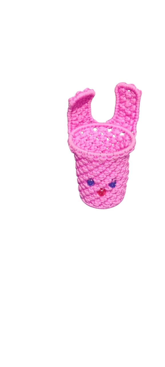 MACRAME BUNNY FACE PEN HOLDER BABY PINK SIZE 4*4 HANDMADE DESK ORGANIZER CUTE KIDS STATIONERY HOLDER