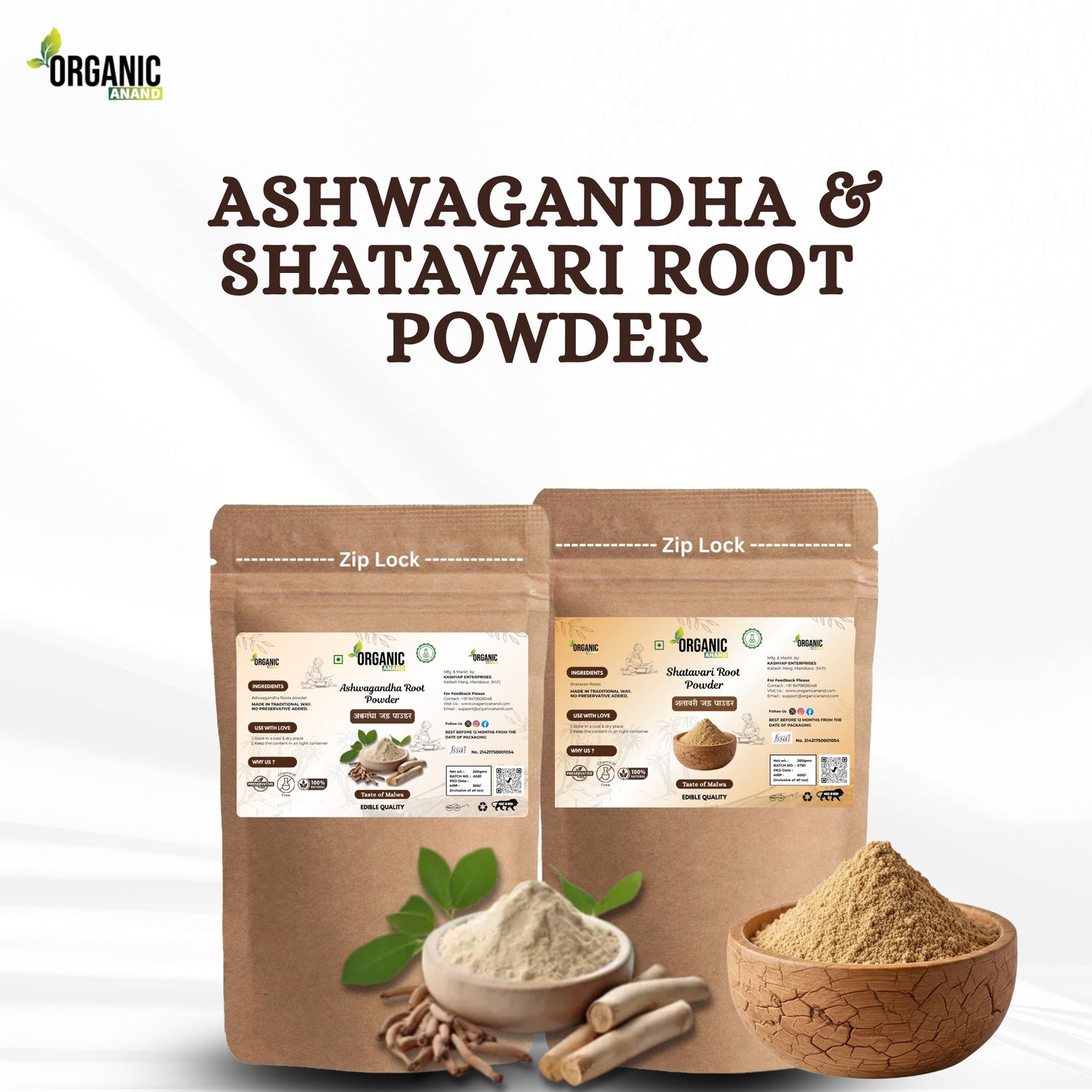 Organic Anand Ashwagandha & Shatavari Root Powder| Pure & Natural | Energy, Immunity & Hormonal Balance | Ayurvedic Herbal Supplement