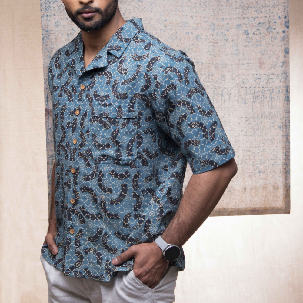 Cotton Handprinted Ajrakh Brushstroked Camp Collar Shirt 1