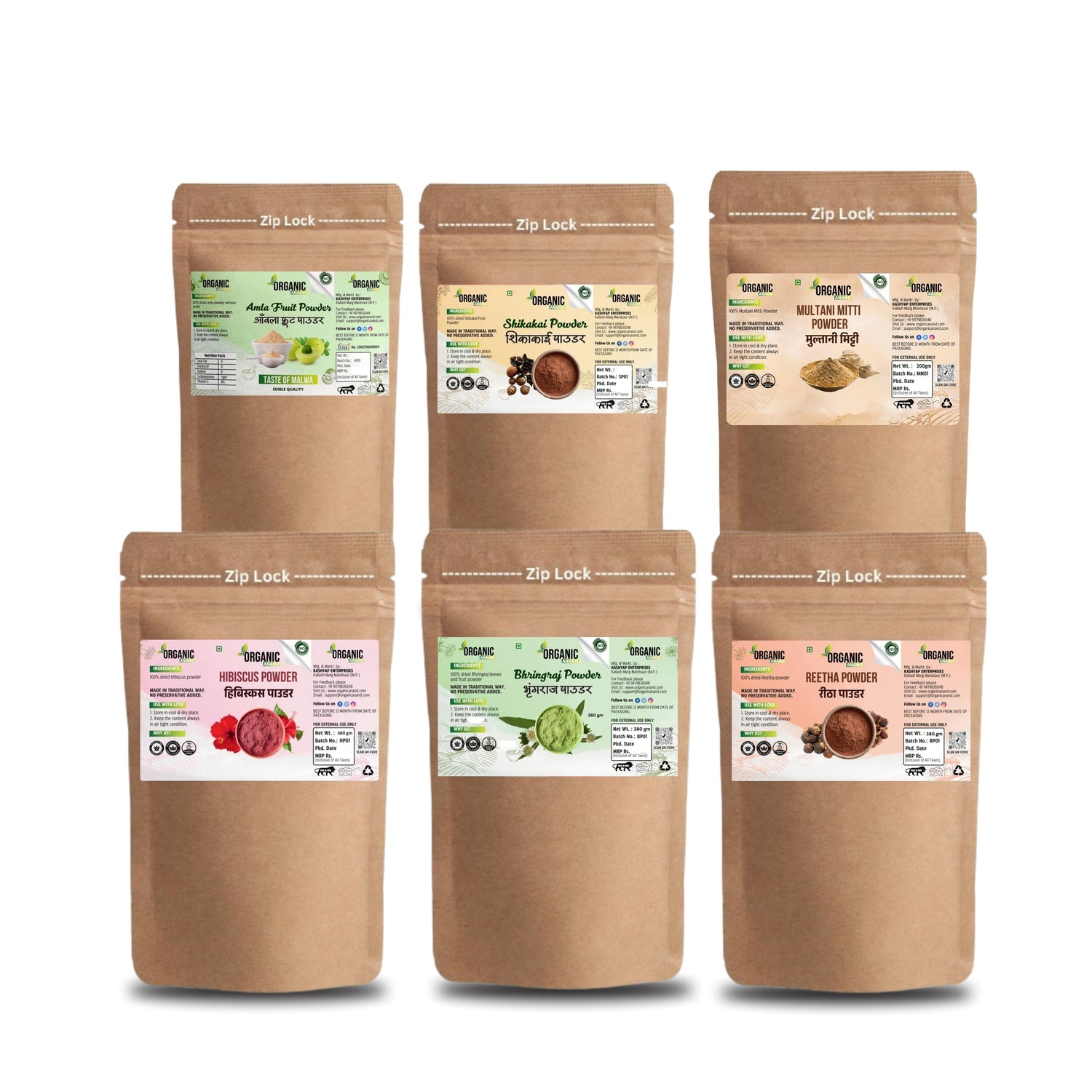 Amla, Reetha Shikakai, Bhringraj, Hibiscus and Multani Powder for Hair (Pack of 6)