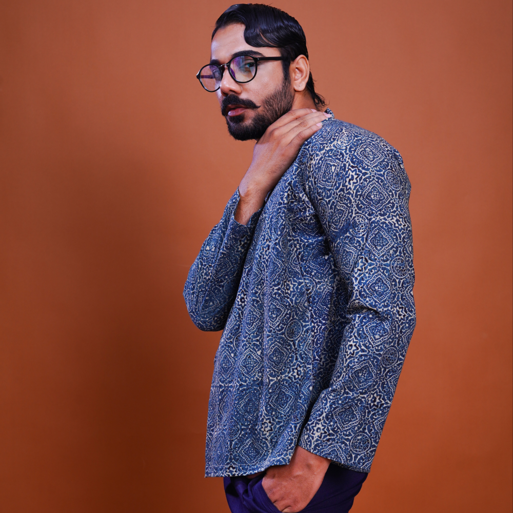Hand block printed Ajrakh Silver Lining Mughal Shirt 1