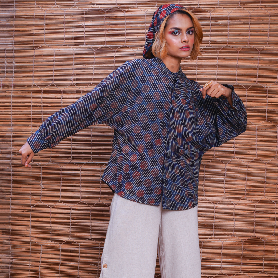 Cotton Handprinted Ajrakh Sunset Jaapani Kimono Shirt 2