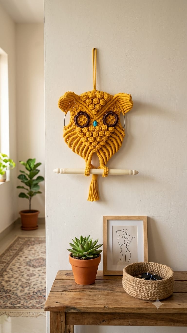 Handmade Macrame Owl Wall Hanging | Yellow Boho Style Cotton Thread Tapestry Home Decor for Living Room, Bedroom & Entrance SIZE (15*7) YELLOW COLOR