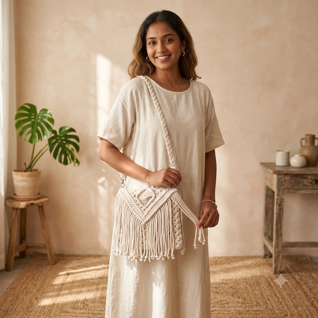 Cotton Cord Handmade Macramé Crossbody Bag for Women | Boho Fringe Sling Bag | Lightweight Travel Shoulder Bag | Eco-Friendly Cream Handbag