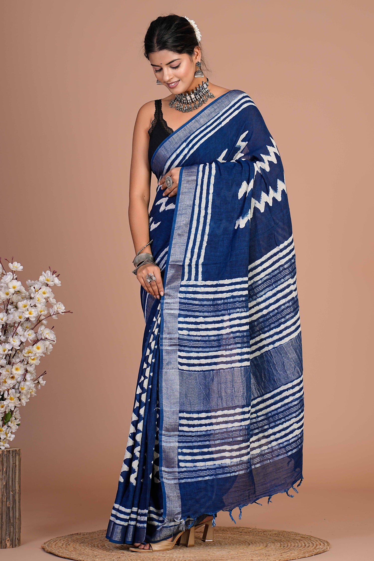 Hand Block printed  linen cotton sarees with blouse piece6