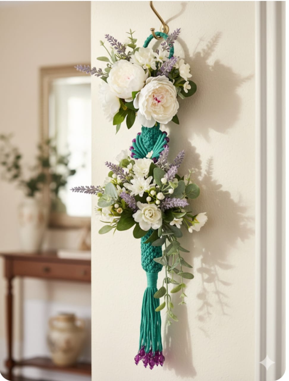 MACRAME FLOWER WALL HANGING GREEN FLORAL SIZE 25*4 BOHO HANGING ART WITH ARTIFICAL FLOWERS