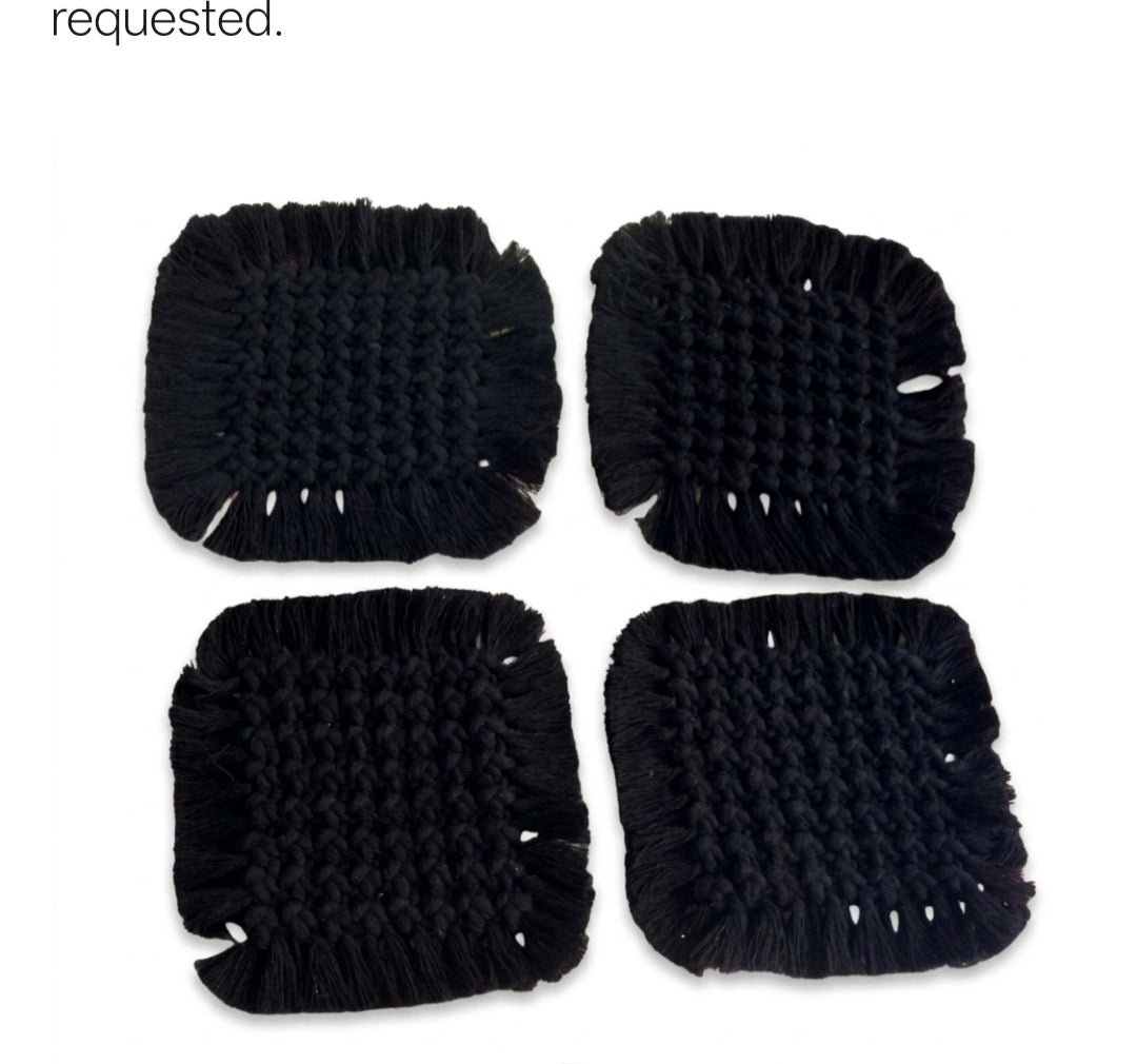 Black Handmade Cotton Cord Coaster Set | Square Macrame Tea Coasters with Fringe | Boho Table Décor (Set of 6)